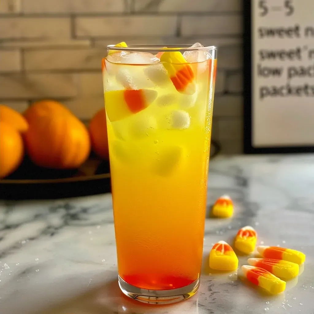 ['A glass of Candy Corn Lemonade showcasing vibrant yellow color with crushed ice and floating orange pieces.', 'Close-up of a refreshing Candy Corn Lemonade in a clear glass, featuring bright yellow lemonade and a garnish of clementine.', 'Side view of Candy Corn Lemonade in a glass, with ice cubes and a cheerful yellow hue, decorated with small orange pieces.', 'Detailed look at a glass of Candy Corn Lemonade, highlighting the yellow drink and crushed ice, with visible orange chunks.']