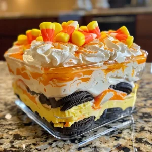 ['Close-up of a colorful Candy Corn Lush dessert layered with whipped topping and garnished with candy corn.', 'Side view of Candy Corn Lush showing vibrant orange and yellow layers with a cream topping and candy corn decorations.', 'A rich layer of Candy Corn Lush dessert featuring vanilla, whipped cream, and festive candy corn on top.', 'Detailed shot of a Candy Corn Lush dessert showcasing creamy layers and bright orange and yellow colors.']