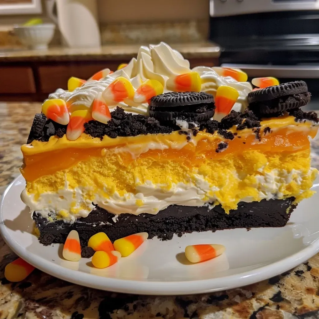 ['Close-up of a colorful Candy Corn Lush dessert layered with whipped topping and garnished with candy corn.', 'Side view of Candy Corn Lush showing vibrant orange and yellow layers with a cream topping and candy corn decorations.', 'A rich layer of Candy Corn Lush dessert featuring vanilla, whipped cream, and festive candy corn on top.', 'Detailed shot of a Candy Corn Lush dessert showcasing creamy layers and bright orange and yellow colors.']
