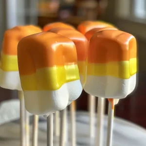 ['Close-up view of colorful Candy Corn Marshmallow Pops with orange, yellow, and white candy coating on marshmallows.', 'Side view of Candy Corn Marshmallow Pops featuring bright orange and yellow layers, displayed on lollipop sticks.', 'Juicy delicious Candy Corn Marshmallow Pops with vibrant colors, ready to enjoy.', 'Marshmallow pops coated in orange, yellow, and white candy resembling candy corn, presented in a fun way.']