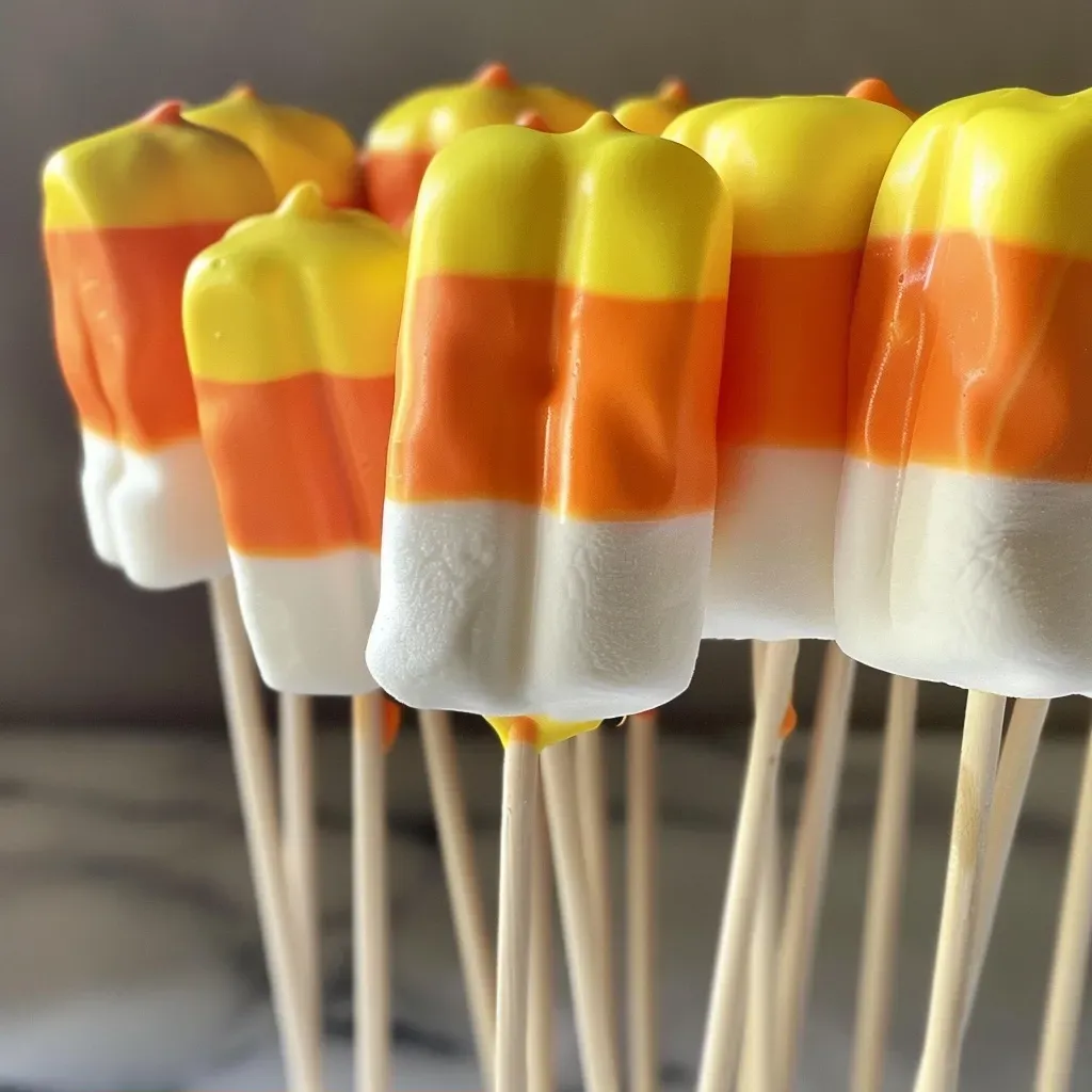 ['Close-up view of colorful Candy Corn Marshmallow Pops with orange, yellow, and white candy coating on marshmallows.', 'Side view of Candy Corn Marshmallow Pops featuring bright orange and yellow layers, displayed on lollipop sticks.', 'Juicy delicious Candy Corn Marshmallow Pops with vibrant colors, ready to enjoy.', 'Marshmallow pops coated in orange, yellow, and white candy resembling candy corn, presented in a fun way.']