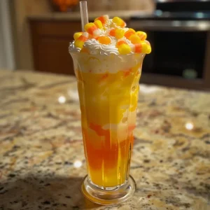 ['Close-up view of a colorful Candy Corn Mocktail with layers of gel and cream.', 'Side perspective of a festive mocktail, resembling candy corn, in a glass.', 'Refreshing Candy Corn-inspired drink garnished with candy corn pieces.', 'Vibrant mocktail showcasing orange, yellow, and creamy layers for Halloween.']
