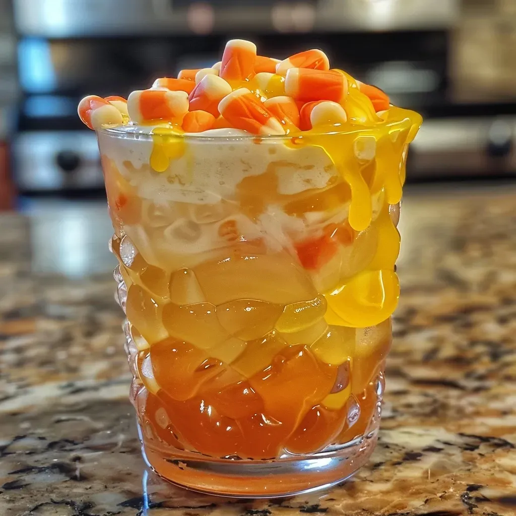 ['Close-up view of a colorful Candy Corn Mocktail with layers of gel and cream.', 'Side perspective of a festive mocktail, resembling candy corn, in a glass.', 'Refreshing Candy Corn-inspired drink garnished with candy corn pieces.', 'Vibrant mocktail showcasing orange, yellow, and creamy layers for Halloween.']