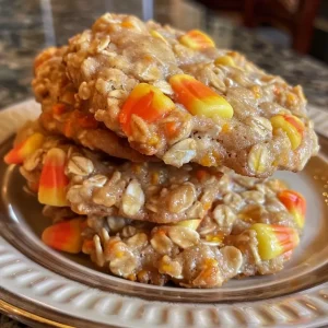 ['Close-up of a golden brown Candy Corn Oatmeal Cookie with visible candy corn pieces.', 'Side view of chewy Candy Corn Oatmeal Cookies with a soft texture and colorful candy corn.', 'Warm Candy Corn Oatmeal Cookies displayed on a rustic surface, highlighting their festive appearance.', 'Delicious-looking Candy Corn Oatmeal Cookie showcasing bits of candy corn and a golden crust.']