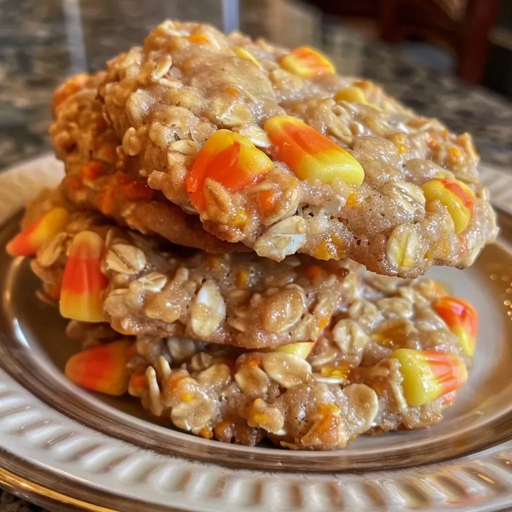 ['Close-up of a golden brown Candy Corn Oatmeal Cookie with visible candy corn pieces.', 'Side view of chewy Candy Corn Oatmeal Cookies with a soft texture and colorful candy corn.', 'Warm Candy Corn Oatmeal Cookies displayed on a rustic surface, highlighting their festive appearance.', 'Delicious-looking Candy Corn Oatmeal Cookie showcasing bits of candy corn and a golden crust.']