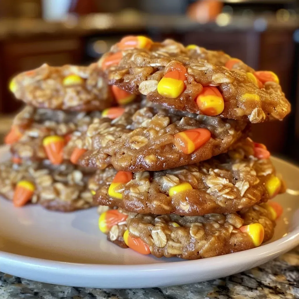 ['Close-up of a golden brown Candy Corn Oatmeal Cookie with visible candy corn pieces.', 'Side view of chewy Candy Corn Oatmeal Cookies with a soft texture and colorful candy corn.', 'Warm Candy Corn Oatmeal Cookies displayed on a rustic surface, highlighting their festive appearance.', 'Delicious-looking Candy Corn Oatmeal Cookie showcasing bits of candy corn and a golden crust.']