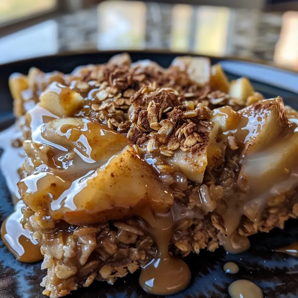 ['A close-up side view of a bowl of caramel apple baked oatmeal, showcasing diced apples and a drizzle of caramel.', 'Side view of a serving of caramel apple baked oatmeal with a glossy caramel topping and visible apple pieces.', 'Detailed close-up of baked oatmeal with caramel and apple chunks, highlighting its rich texture.', 'A tempting side view of caramel apple baked oatmeal topped with gooey caramel sauce and fresh apple bits.']