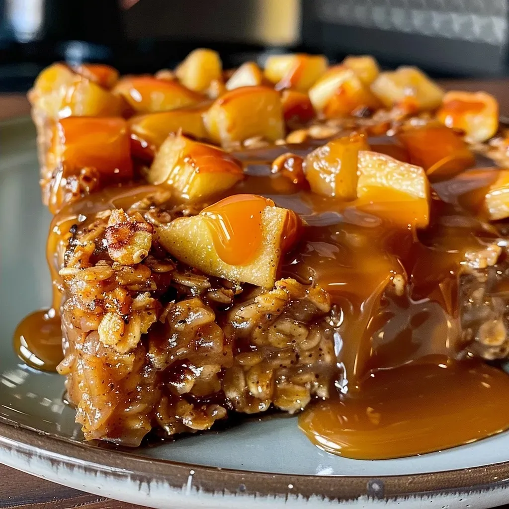 ['A close-up side view of a bowl of caramel apple baked oatmeal, showcasing diced apples and a drizzle of caramel.', 'Side view of a serving of caramel apple baked oatmeal with a glossy caramel topping and visible apple pieces.', 'Detailed close-up of baked oatmeal with caramel and apple chunks, highlighting its rich texture.', 'A tempting side view of caramel apple baked oatmeal topped with gooey caramel sauce and fresh apple bits.']