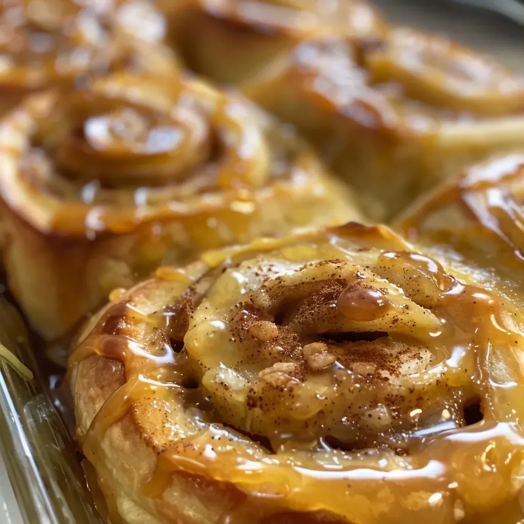 ['Close-up of juicy caramel apple cinnamon rolls with a golden-brown crust.', 'Side view of freshly baked caramel apple cinnamon rolls drizzled with caramel.', 'Tasty caramel apple cinnamon rolls topped with a creamy glaze and apple chunks.', 'A delicious serving of cinnamon rolls featuring caramel and apple filling.']