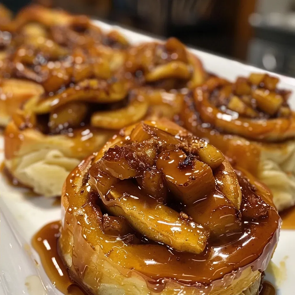 ['Close-up of juicy caramel apple cinnamon rolls with a golden-brown crust.', 'Side view of freshly baked caramel apple cinnamon rolls drizzled with caramel.', 'Tasty caramel apple cinnamon rolls topped with a creamy glaze and apple chunks.', 'A delicious serving of cinnamon rolls featuring caramel and apple filling.']
