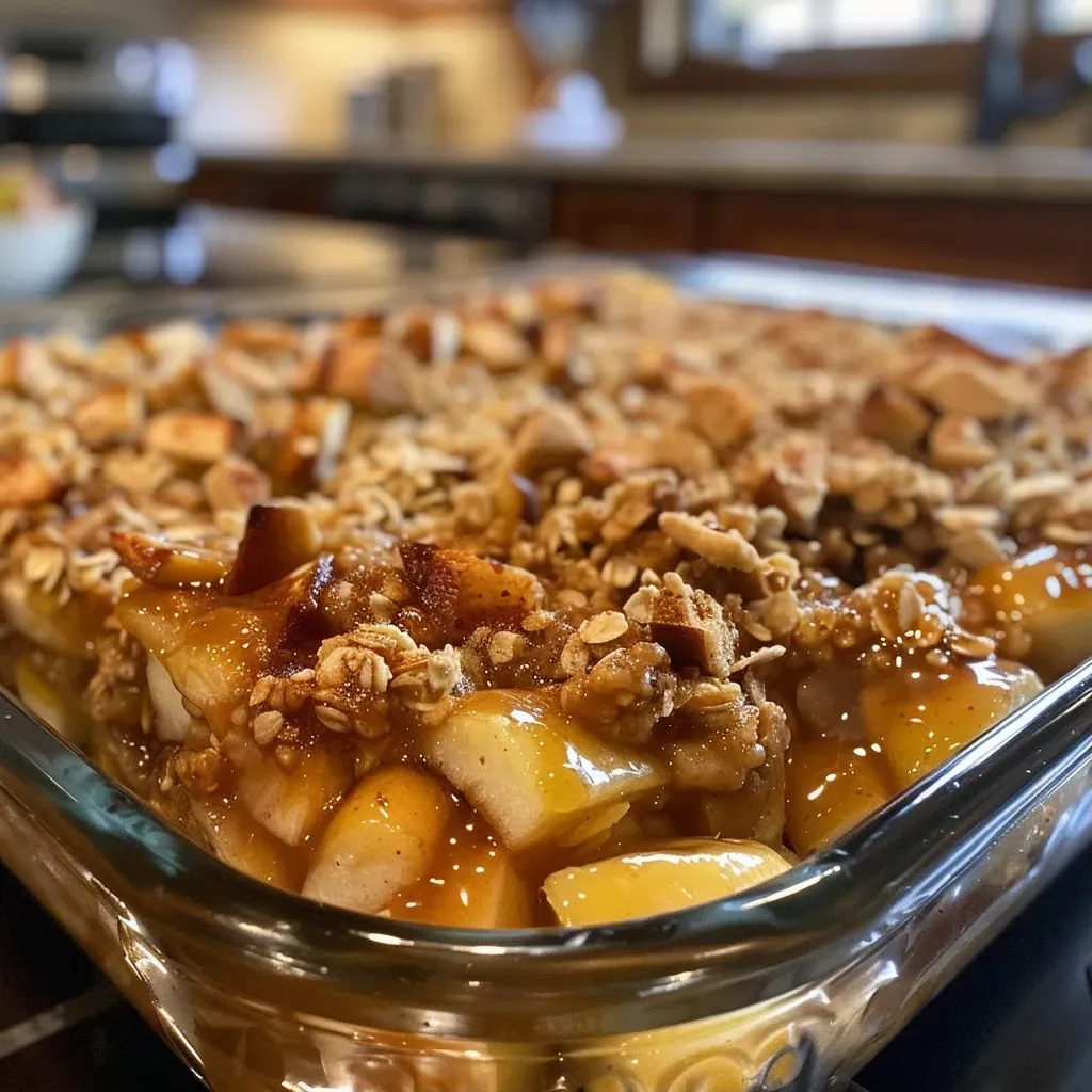 ['Close-up side view of a caramel apple oatmeal bake topped with caramel drizzle.', 'Sliced caramel apple oatmeal bake showing layers of apples and oats, with caramel on top.', 'Deliciously baked caramel apple oatmeal with caramel sauce, displayed from the side.', 'Side view of a caramel apple oatmeal bake, highlighting its fluffy texture and caramel layer.']