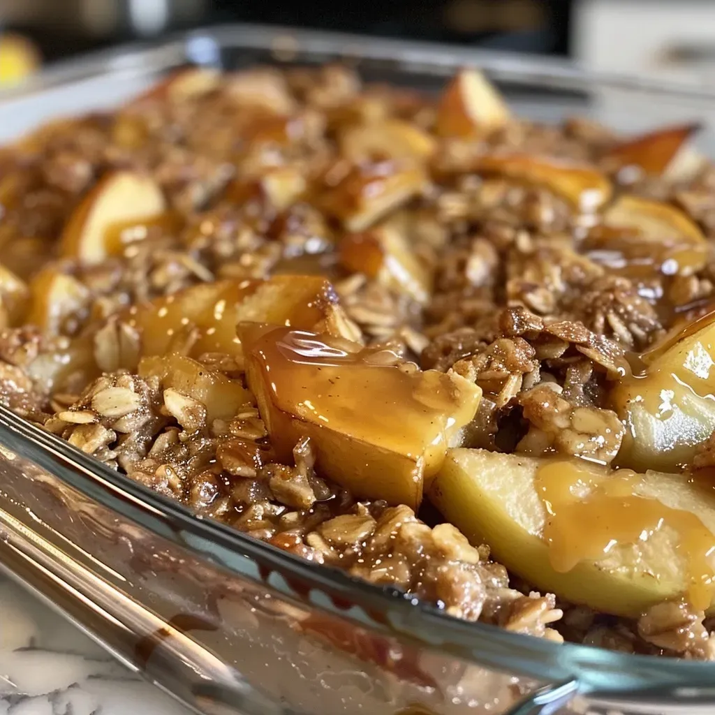 ['Close-up side view of a caramel apple oatmeal bake topped with caramel drizzle.', 'Sliced caramel apple oatmeal bake showing layers of apples and oats, with caramel on top.', 'Deliciously baked caramel apple oatmeal with caramel sauce, displayed from the side.', 'Side view of a caramel apple oatmeal bake, highlighting its fluffy texture and caramel layer.']