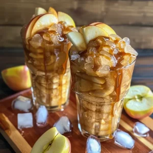['A close-up side view of a caramel apple slushie, showcasing the layered ingredients and texture.', 'A refreshing caramel apple slushie in a clear glass, garnished with caramel drizzle and apple slices.', 'A vibrant slushie drink made with apple juice and caramel, displayed with ice cubes and apple slices.', 'An enticing caramel apple slushie, highlighting its rich color and creamy caramel topping.']