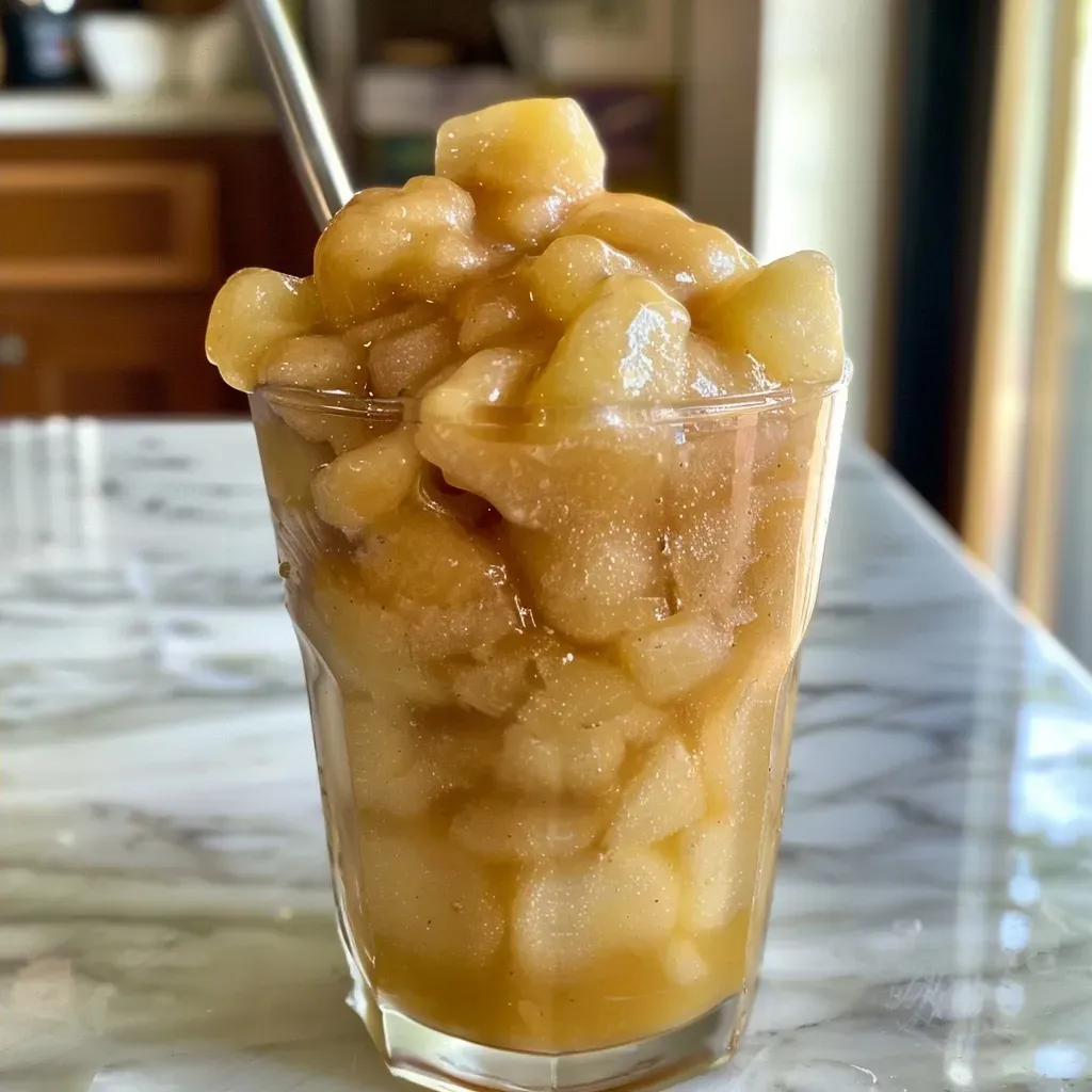 ['A close-up side view of a caramel apple slushie, showcasing the layered ingredients and texture.', 'A refreshing caramel apple slushie in a clear glass, garnished with caramel drizzle and apple slices.', 'A vibrant slushie drink made with apple juice and caramel, displayed with ice cubes and apple slices.', 'An enticing caramel apple slushie, highlighting its rich color and creamy caramel topping.']