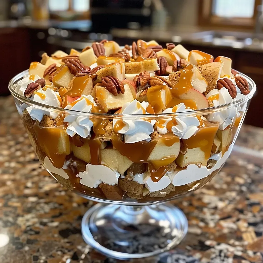 ['Close-up view of a layered Caramel Apple Trifle with visible apple pie filling and whipped topping.', 'Side angle showing a delicious Caramel Apple Trifle, featuring layers of caramel, apples, and pecans.', 'Detailed shot of a Caramel Apple Trifle with whipped cream and caramel drizzle, showcasing its ingredients.', 'Close-up of a trifle dessert highlighting layers of pound cake, pudding, and apple filling topped with caramel.']