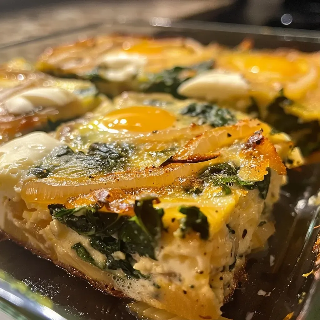 ['A close-up side view of a sliced caramelized onion and spinach egg bake, showcasing its fluffy texture and golden edges.', 'A vibrant egg bake with layers of spinach and caramelized onions, highlighting a creamy cheese topping.', 'A detailed view of a savory caramelized onion and spinach egg bake, revealing rich colors and a soft, fluffy interior.', 'A tempting slice of egg bake featuring cooked spinach and sweet onions, served on a plate with a creamy drizzle.']