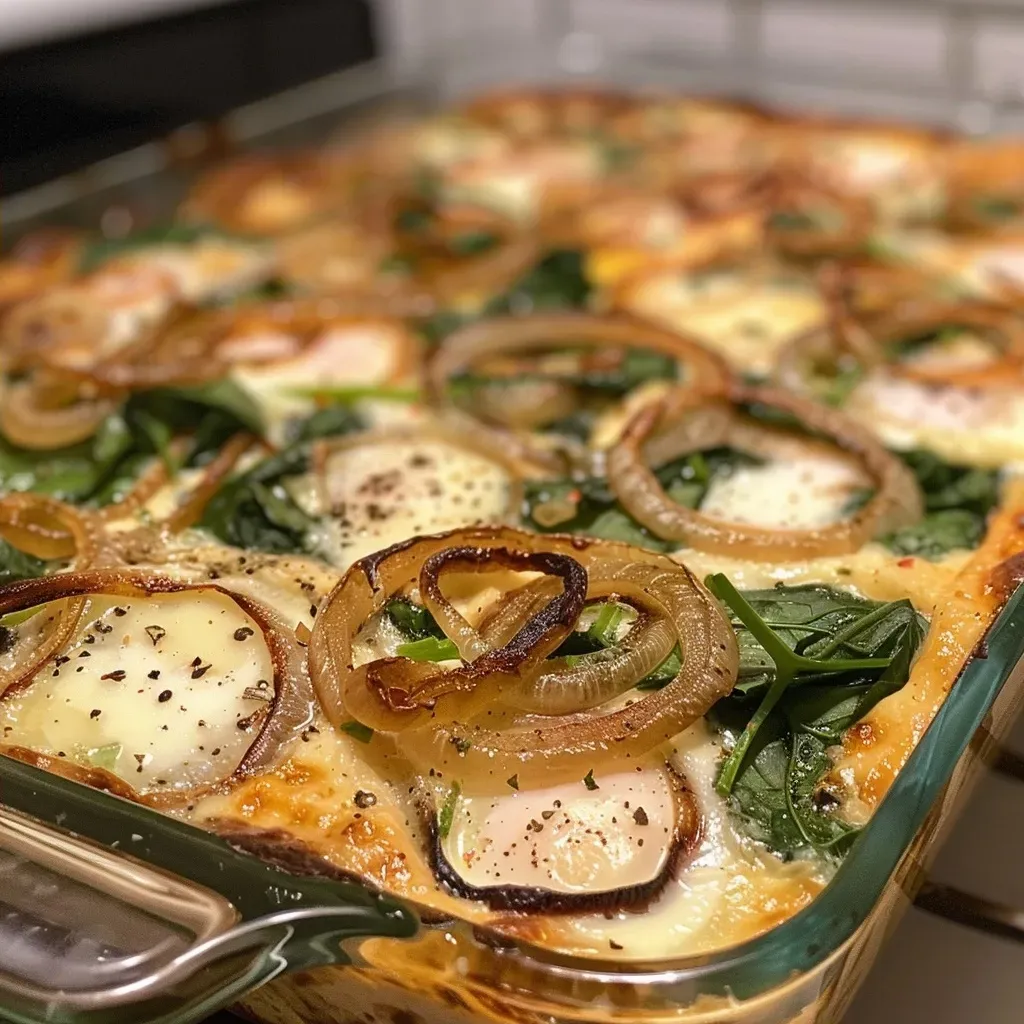 ['A close-up side view of a sliced caramelized onion and spinach egg bake, showcasing its fluffy texture and golden edges.', 'A vibrant egg bake with layers of spinach and caramelized onions, highlighting a creamy cheese topping.', 'A detailed view of a savory caramelized onion and spinach egg bake, revealing rich colors and a soft, fluffy interior.', 'A tempting slice of egg bake featuring cooked spinach and sweet onions, served on a plate with a creamy drizzle.']