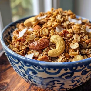 ['Close-up view of crunchy cashew butter granola with oats and cashews.', 'Side view of golden granola featuring cashews, coconut, and oats.', 'Textured granola clusters with cashew butter and shredded coconut.', 'A bowl of granola highlighting cashews and oats, glistening with syrup.']