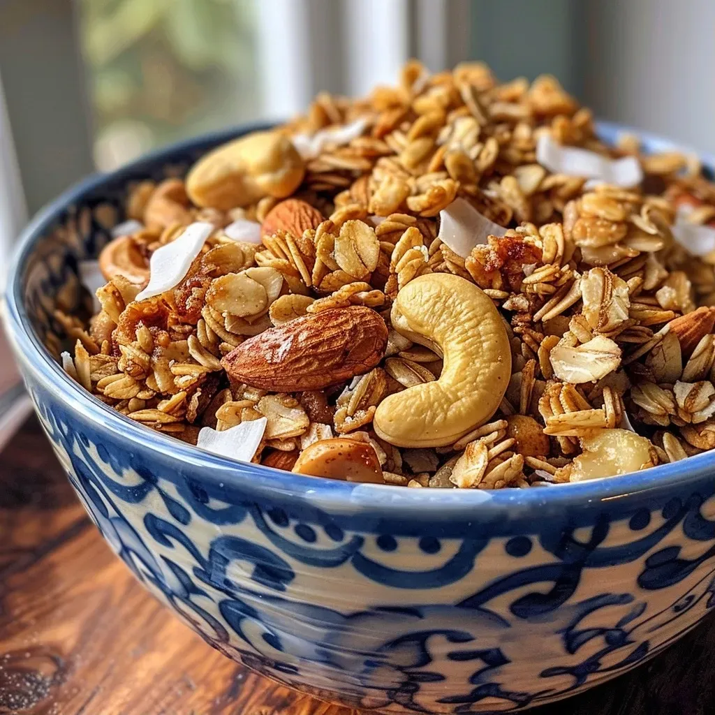 ['Close-up view of crunchy cashew butter granola with oats and cashews.', 'Side view of golden granola featuring cashews, coconut, and oats.', 'Textured granola clusters with cashew butter and shredded coconut.', 'A bowl of granola highlighting cashews and oats, glistening with syrup.']