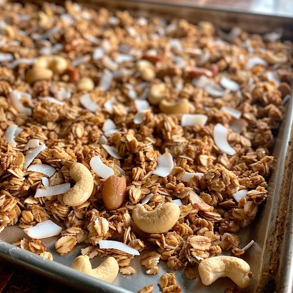 ['Close-up view of crunchy cashew butter granola with oats and cashews.', 'Side view of golden granola featuring cashews, coconut, and oats.', 'Textured granola clusters with cashew butter and shredded coconut.', 'A bowl of granola highlighting cashews and oats, glistening with syrup.']