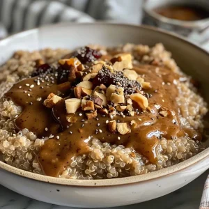 ['Close-up view of a bowl filled with Chai Breakfast Quinoa topped with blueberry jam and a seed mix.', 'A vibrant serving of Chai Breakfast Quinoa with chia seeds and almond butter, captured from the side.', 'Textured quinoa dish with chai flavor, almond milk, and colorful toppings displayed in natural light.', 'Rich and creamy Chai Breakfast Quinoa featuring a blend of spices and fresh blueberries, highlighted from the side.']