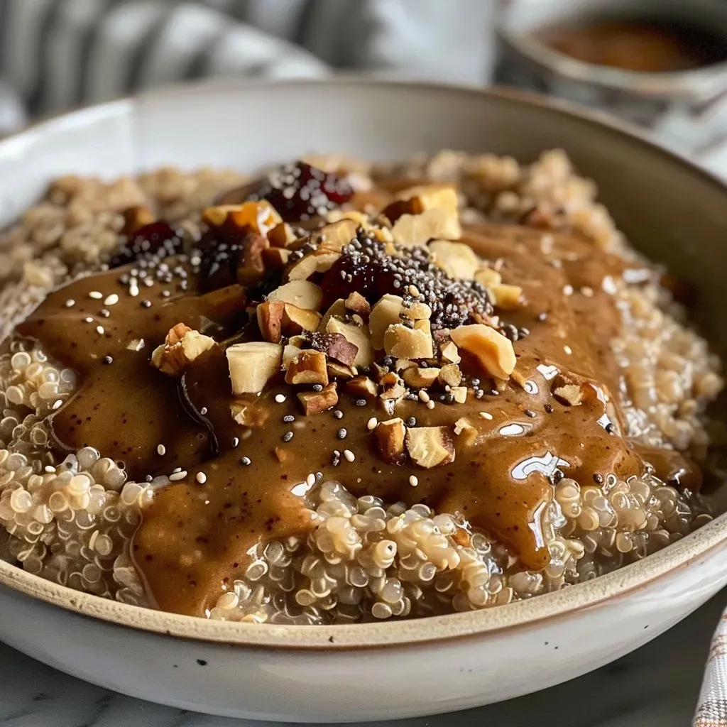 ['Close-up view of a bowl filled with Chai Breakfast Quinoa topped with blueberry jam and a seed mix.', 'A vibrant serving of Chai Breakfast Quinoa with chia seeds and almond butter, captured from the side.', 'Textured quinoa dish with chai flavor, almond milk, and colorful toppings displayed in natural light.', 'Rich and creamy Chai Breakfast Quinoa featuring a blend of spices and fresh blueberries, highlighted from the side.']