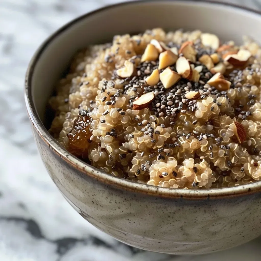 ['Close-up view of a bowl filled with Chai Breakfast Quinoa topped with blueberry jam and a seed mix.', 'A vibrant serving of Chai Breakfast Quinoa with chia seeds and almond butter, captured from the side.', 'Textured quinoa dish with chai flavor, almond milk, and colorful toppings displayed in natural light.', 'Rich and creamy Chai Breakfast Quinoa featuring a blend of spices and fresh blueberries, highlighted from the side.']
