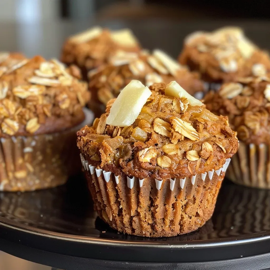 ['Close-up view of chai spiced pear muffins with oatmeal streusel topping.', 'Side view of freshly baked chai spiced pear muffins on a plate.', 'Juicy pear muffins with a golden streusel crust, displayed on a wooden surface.', 'Chai spiced muffins with pear chunks, highlighted by a crunchy oat topping.']
