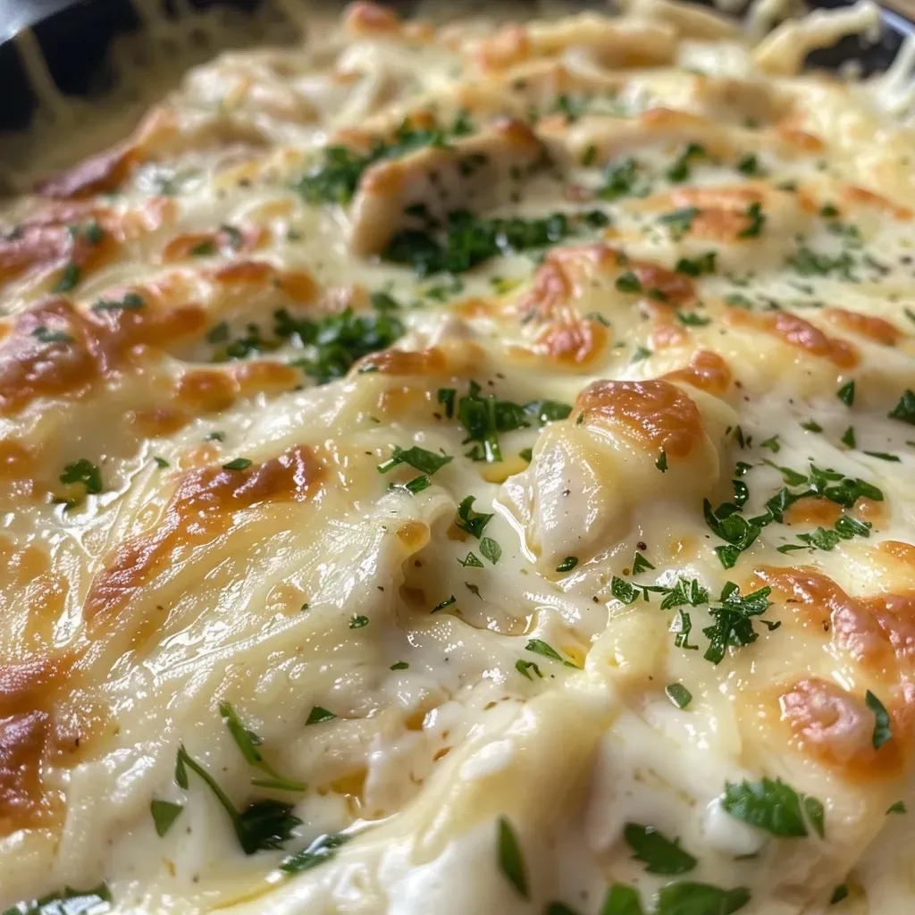 ['Close-up view of a creamy Cheesy Chicken Alfredo Dip served in a bowl.', 'Side view of a delicious Cheesy Chicken Alfredo Dip with melted cheese and chicken pieces.', 'Appetizing Cheesy Chicken Alfredo Dip with a smooth texture and garnished with herbs.', 'Indulgent creamy dip featuring chicken and cheese, perfect for dipping.']