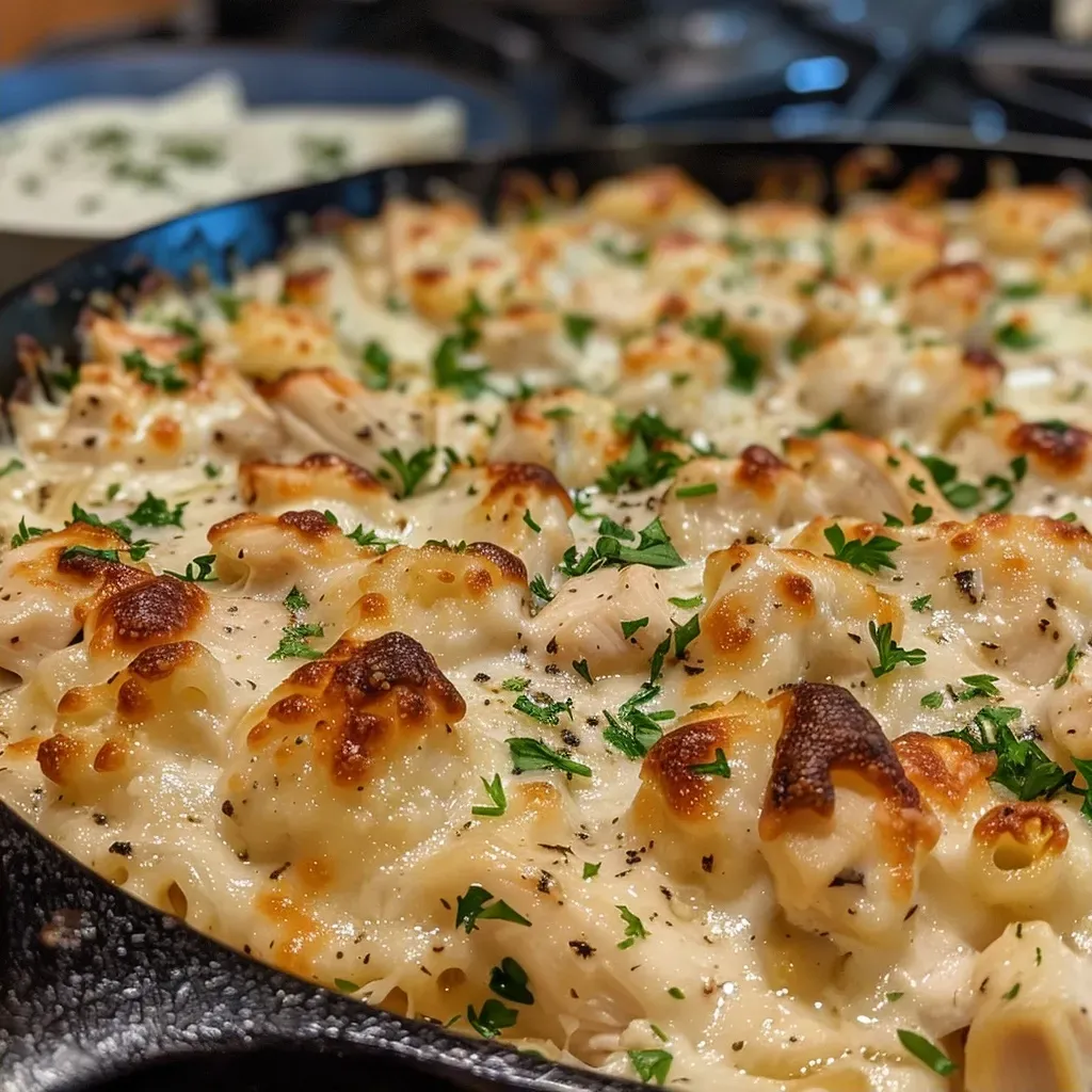 ['Close-up view of a creamy Cheesy Chicken Alfredo Dip served in a bowl.', 'Side view of a delicious Cheesy Chicken Alfredo Dip with melted cheese and chicken pieces.', 'Appetizing Cheesy Chicken Alfredo Dip with a smooth texture and garnished with herbs.', 'Indulgent creamy dip featuring chicken and cheese, perfect for dipping.']