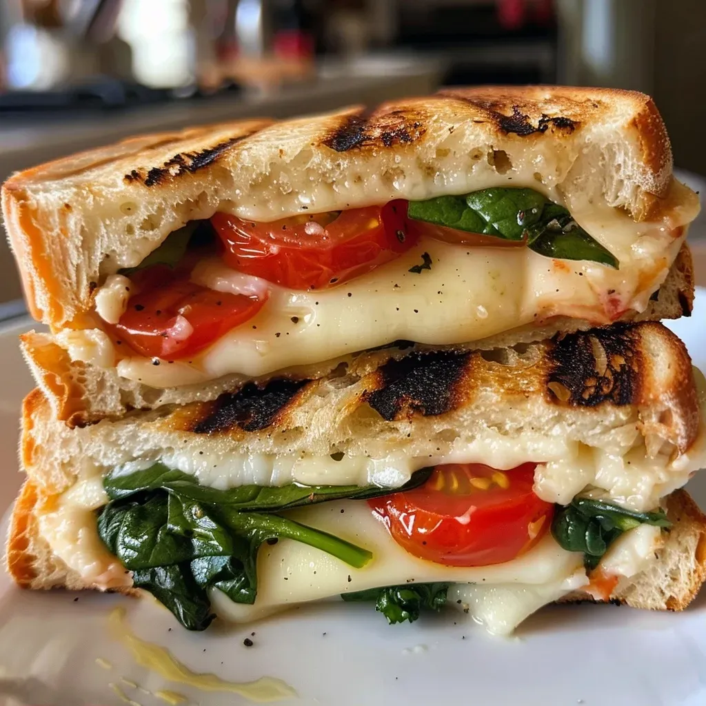 ['A side view of a Cheesy Hummus and Veggie Panini with melted mozzarella and spinach.', 'Juicy Cheesy Hummus and Veggie Panini, featuring vibrant tomatoes and spinach.', 'Close-up shot of a grilled veggie panini filled with hummus and cheese.', 'A delicious sandwich stacked with hummus, mozzarella, and fresh vegetables.']