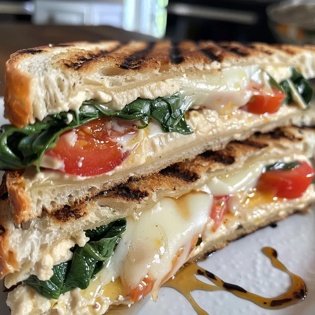 ['A side view of a Cheesy Hummus and Veggie Panini with melted mozzarella and spinach.', 'Juicy Cheesy Hummus and Veggie Panini, featuring vibrant tomatoes and spinach.', 'Close-up shot of a grilled veggie panini filled with hummus and cheese.', 'A delicious sandwich stacked with hummus, mozzarella, and fresh vegetables.']