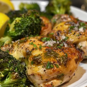 ['Close-up view of juicy chicken thighs and vibrant broccoli drizzled with garlic lemon sauce.', 'Side view of succulent bone-in chicken thighs alongside bright green broccoli florets.', 'Deliciously cooked chicken thighs with garlic lemon seasoning and fresh broccoli on a plate.', 'Juicy chicken thighs paired with steamed broccoli, garnished with lemon zest and garlic.']