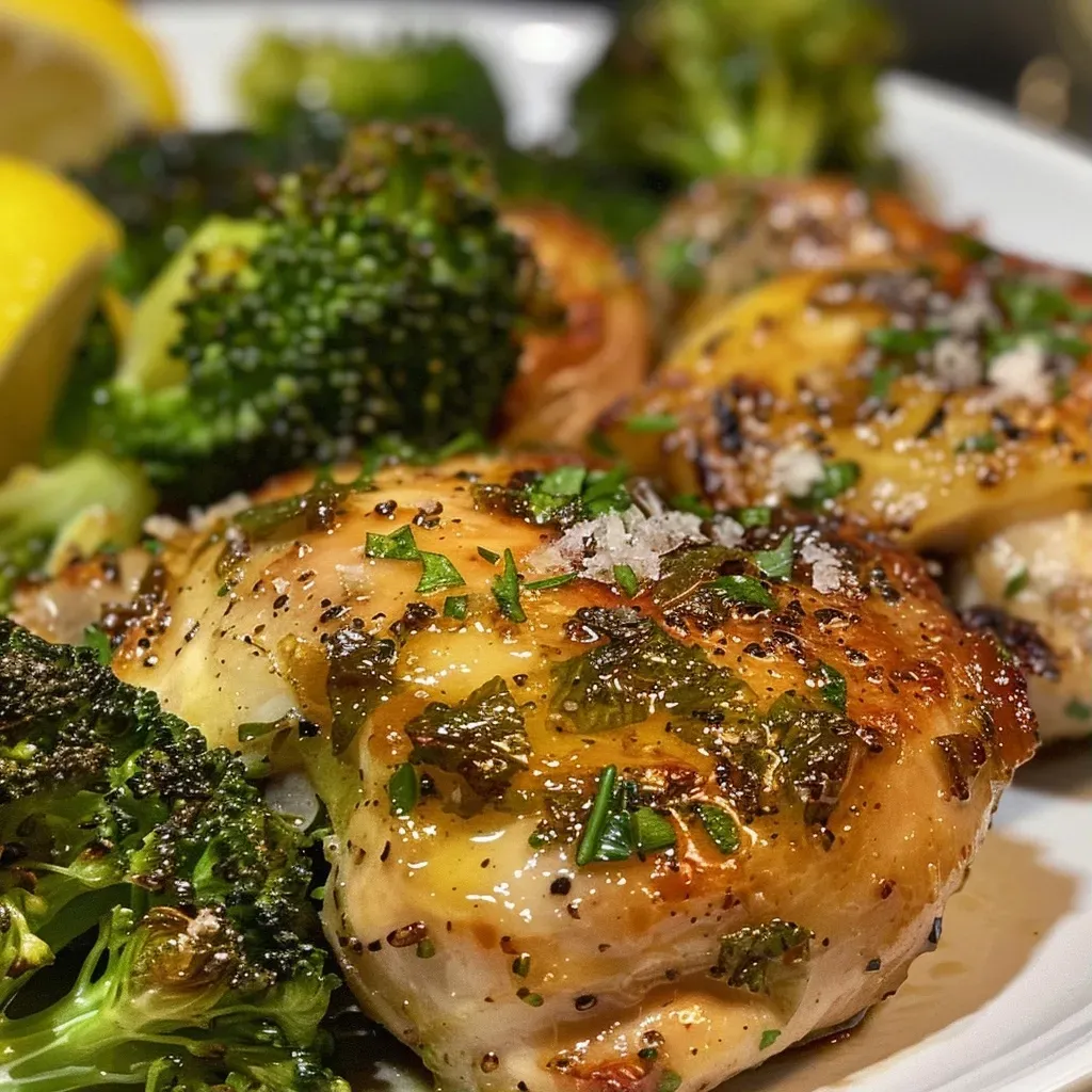 ['Close-up view of juicy chicken thighs and vibrant broccoli drizzled with garlic lemon sauce.', 'Side view of succulent bone-in chicken thighs alongside bright green broccoli florets.', 'Deliciously cooked chicken thighs with garlic lemon seasoning and fresh broccoli on a plate.', 'Juicy chicken thighs paired with steamed broccoli, garnished with lemon zest and garlic.']
