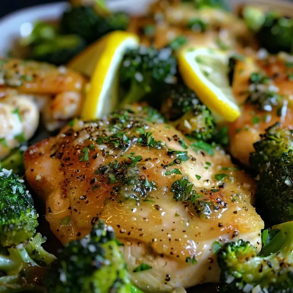 ['Close-up view of juicy chicken thighs and vibrant broccoli drizzled with garlic lemon sauce.', 'Side view of succulent bone-in chicken thighs alongside bright green broccoli florets.', 'Deliciously cooked chicken thighs with garlic lemon seasoning and fresh broccoli on a plate.', 'Juicy chicken thighs paired with steamed broccoli, garnished with lemon zest and garlic.']