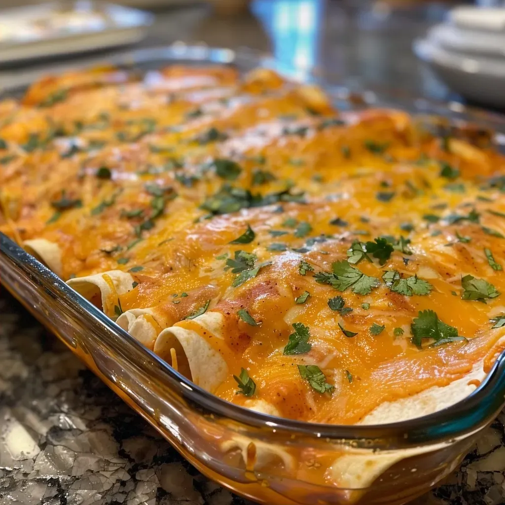 ['Close-up view of juicy chicken enchiladas topped with melted cheese and garnished with cilantro.', 'Side perspective of chicken enchiladas with vibrant red sauce, cheese, and diced tomatoes on a plate.', 'Juicy chicken enchiladas served on a white plate, with a rich layer of cheddar and Monterey Jack cheese.', 'Appetizing close-up of chicken enchiladas, showcasing their filling and colorful toppings.']