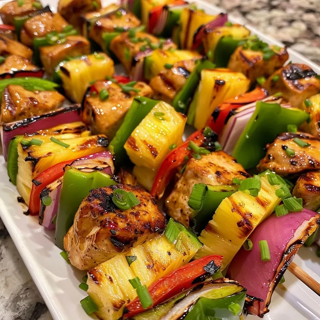 ['Close-up view of Chicken Pineapple Kabobs, featuring chunks of grilled chicken, pineapple, and vegetables.', 'Side angle photo showcasing juicy Chicken Pineapple Kabobs on skewers, garnished with colorful bell peppers and onions.', 'Detailed shot of Chicken Pineapple Kabobs, highlighting the caramelized chicken and fresh pineapple chunks.', 'Vibrant image of Chicken Pineapple Kabobs skewered with red and green bell peppers, and red onion.']