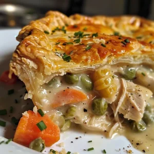 ['Close-up view of a golden brown Chicken Pot Pie with a flaky crust.', 'Side view of a delicious Chicken Pot Pie filled with visible chunks of chicken and vegetables.', 'Juicy Chicken Pot Pie showcasing a rich filling and crispy pie crust, with a glossy finish.', 'Appetizing Chicken Pot Pie made with cream of chicken soup, displayed elegantly on a plate.']