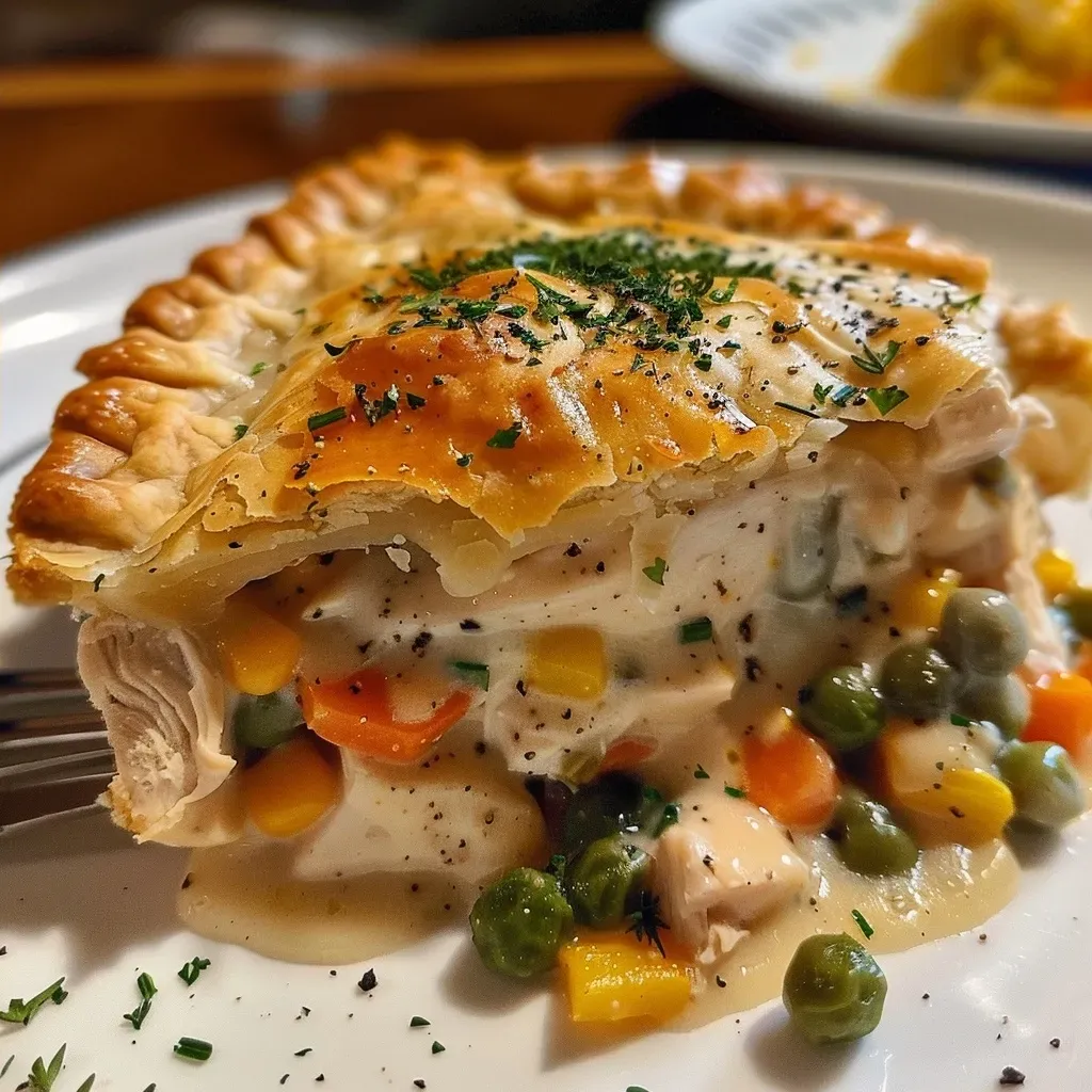 ['Close-up view of a golden brown Chicken Pot Pie with a flaky crust.', 'Side view of a delicious Chicken Pot Pie filled with visible chunks of chicken and vegetables.', 'Juicy Chicken Pot Pie showcasing a rich filling and crispy pie crust, with a glossy finish.', 'Appetizing Chicken Pot Pie made with cream of chicken soup, displayed elegantly on a plate.']