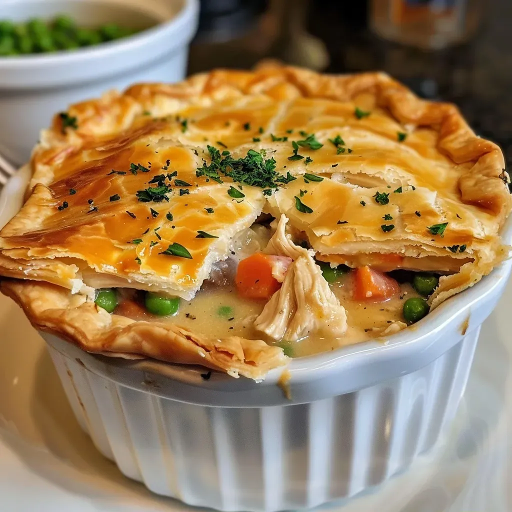 ['Close-up of a golden-brown chicken pot pie with a flaky crust and visible filling.', 'Side view of a steaming chicken pot pie showcasing layers of chicken, vegetables, and gravy.', 'A delicious chicken pot pie on a wooden table, highlighting the homemade crust and creamy filling.', 'Juicy chicken pot pie revealing chunks of chicken and colorful vegetables through a crispy crust.']