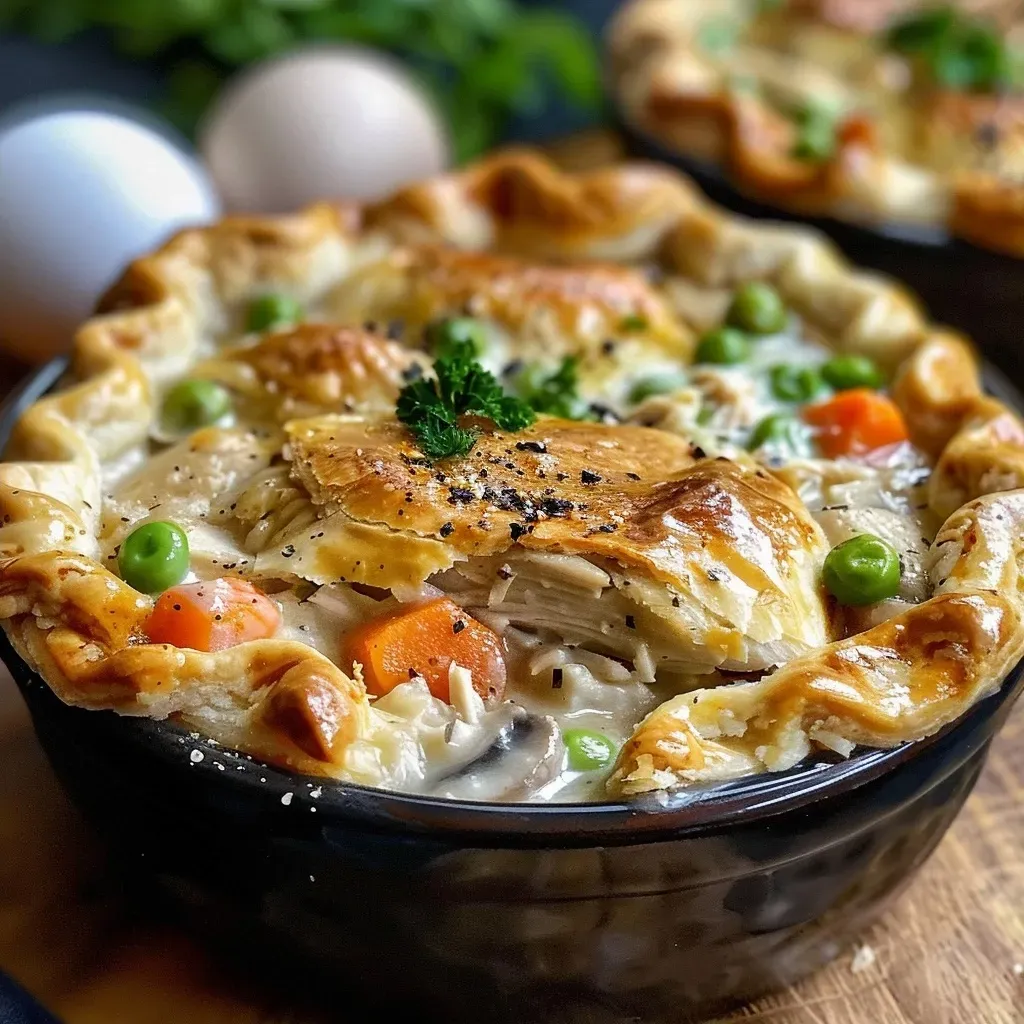 ['Close-up of a golden-brown chicken pot pie with a flaky crust and visible filling.', 'Side view of a steaming chicken pot pie showcasing layers of chicken, vegetables, and gravy.', 'A delicious chicken pot pie on a wooden table, highlighting the homemade crust and creamy filling.', 'Juicy chicken pot pie revealing chunks of chicken and colorful vegetables through a crispy crust.']