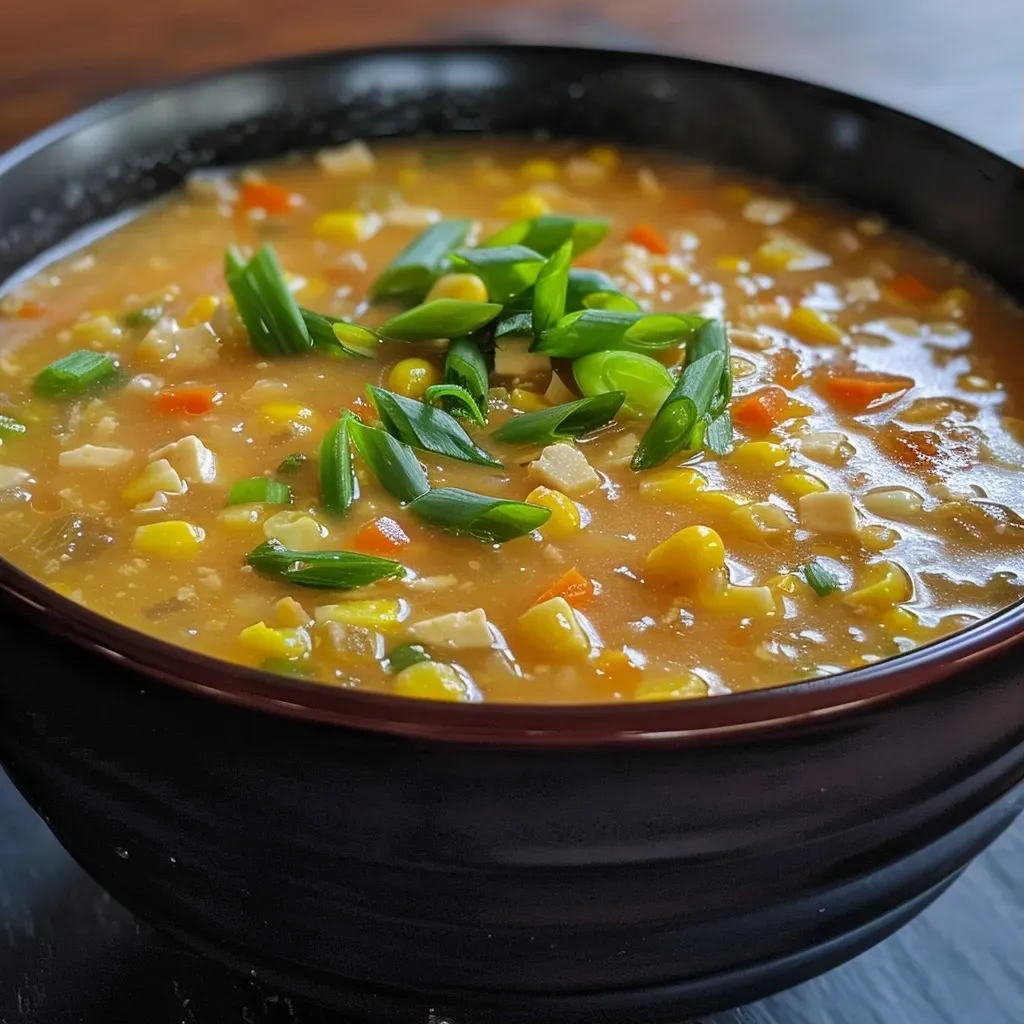 ['Close-up of a bowl of Chinese Sweet Corn Soup with vibrant corn and veggies.', 'Side view of creamy corn soup garnished with green onions and a sprinkle of chili flakes.', 'Appetizing Chinese Sweet Corn Soup featuring bright yellow corn and fresh peas.', 'A delicious bowl of Chinese Sweet Corn Soup showcasing diced tofu and chopped carrots.']