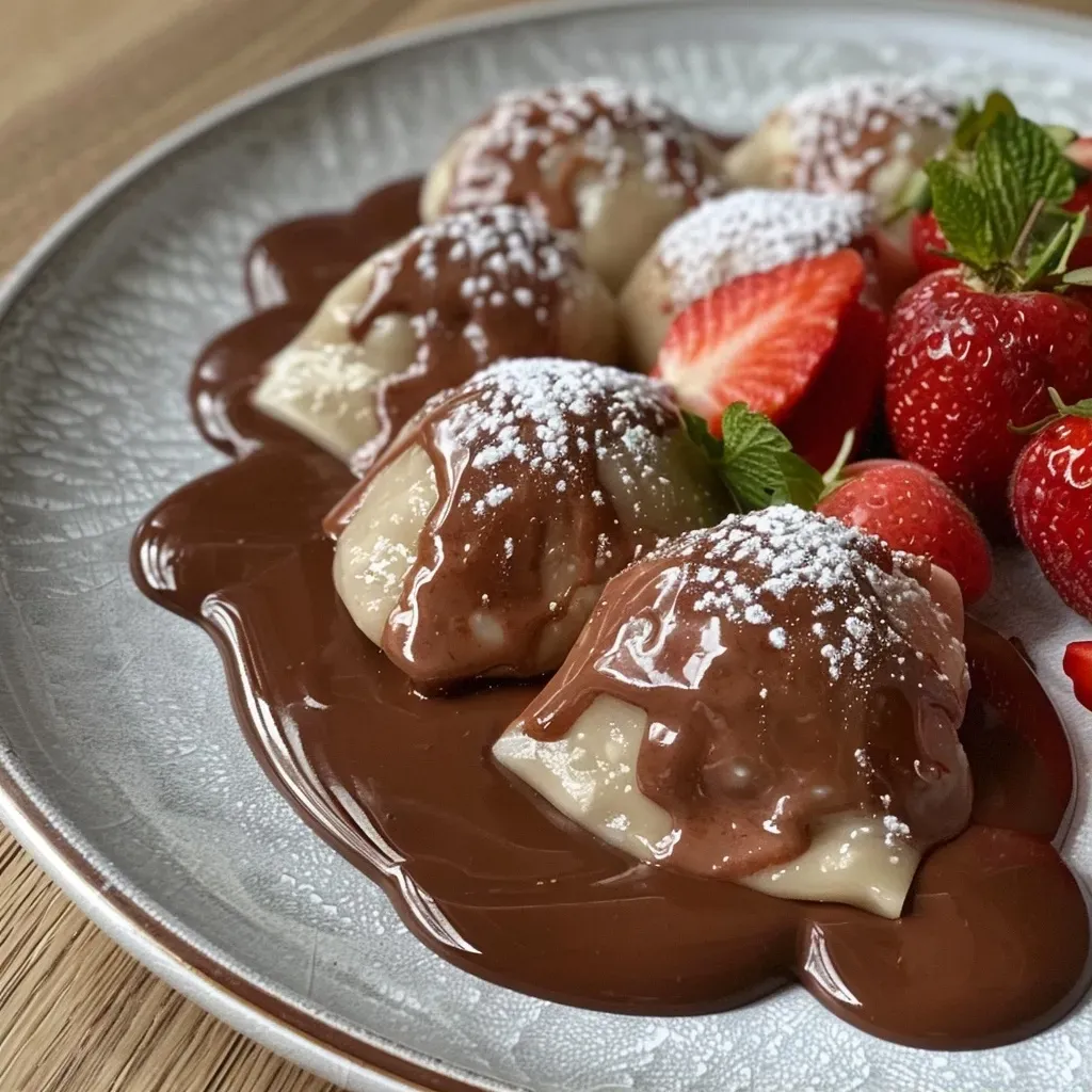 ['Close-up view of chocolate dumplings with a vibrant strawberry dipping sauce.', 'Juicy chocolate dumplings served with a bright pink strawberry sauce on the side.', 'Side angle shot of rich chocolate dumplings accompanied by a fresh strawberry dipping sauce.', 'Mouth-watering chocolate dumplings next to a bowl of creamy strawberry sauce.']