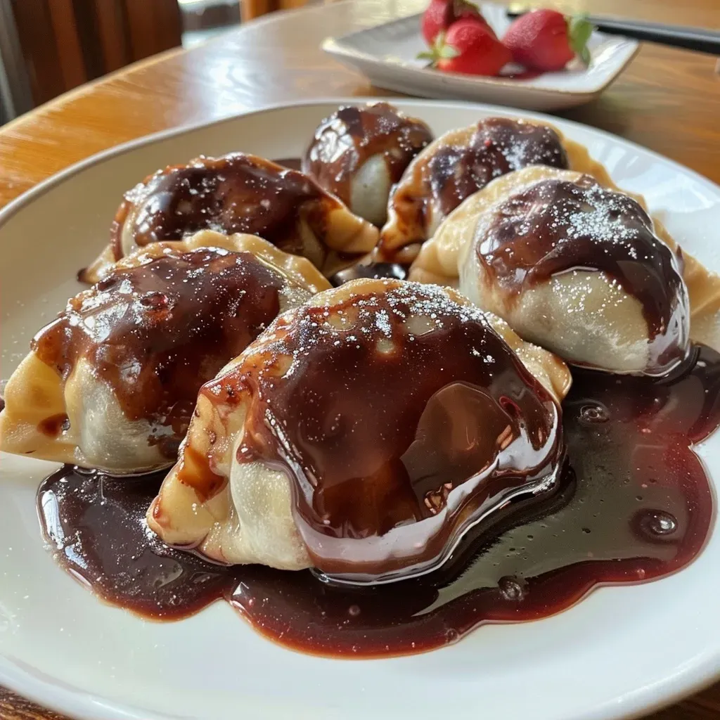 ['Close-up view of chocolate dumplings with a vibrant strawberry dipping sauce.', 'Juicy chocolate dumplings served with a bright pink strawberry sauce on the side.', 'Side angle shot of rich chocolate dumplings accompanied by a fresh strawberry dipping sauce.', 'Mouth-watering chocolate dumplings next to a bowl of creamy strawberry sauce.']