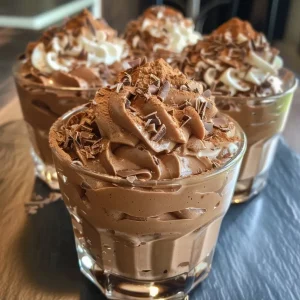 ['Close-up of chocolate mousse parfait layered in a clear glass.', 'Side view of a rich chocolate mousse parfait showcasing chocolate layers.', 'Chocolate mousse parfait in a transparent cup, revealing cocoa and chocolate textures.', 'Delicious chocolate mousse parfait with contrasting layers, captured from the side.']