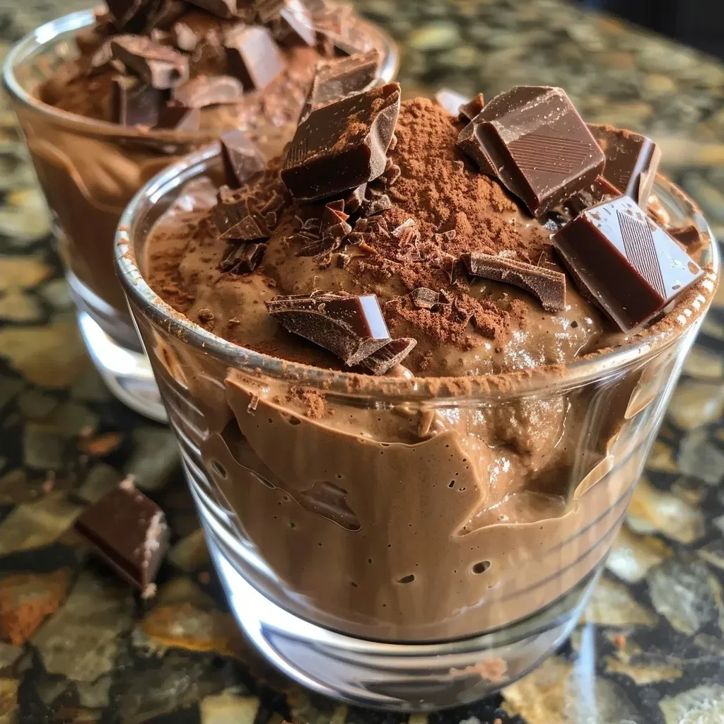 ['Close-up of chocolate mousse parfait layered in a clear glass.', 'Side view of a rich chocolate mousse parfait showcasing chocolate layers.', 'Chocolate mousse parfait in a transparent cup, revealing cocoa and chocolate textures.', 'Delicious chocolate mousse parfait with contrasting layers, captured from the side.']