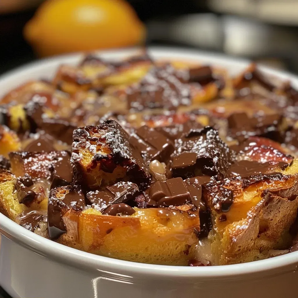 ['Close-up view of a slice of chocolate orange bread pudding topped with a drizzle of chocolate sauce.', 'Side view of chocolate orange bread pudding with visible chocolate chips and orange zest.', 'Juicy chocolate orange bread pudding on a plate, showcasing a soft and rich texture.', 'A slice of rich chocolate orange bread pudding with a golden-brown crust and chocolate chips.']