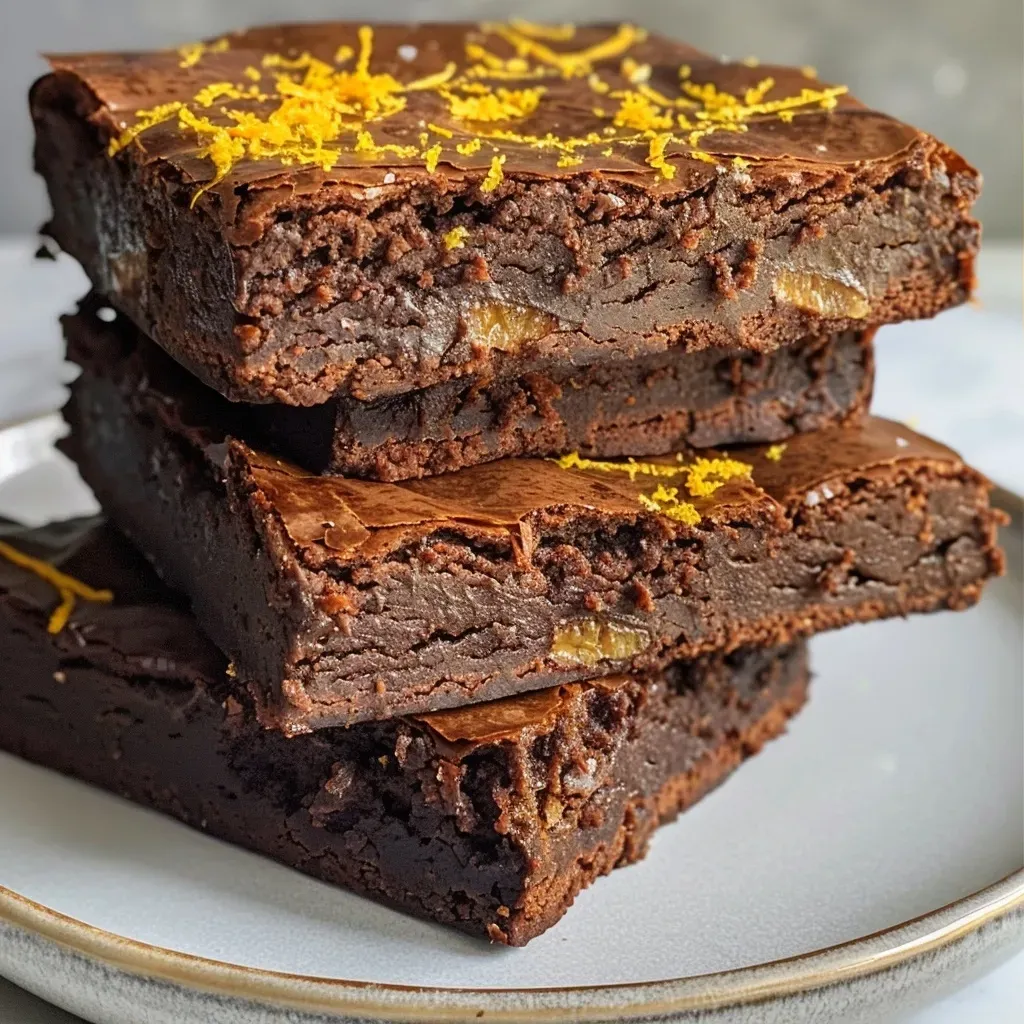 ['Close-up shot of rich Chocolate Orange Brownies with a glossy chocolate top and vibrant orange zest.', 'Side view of moist Chocolate Orange Brownies showcasing a fudgy texture and orange zest on the surface.', 'Detailed view of Chocolate Orange Brownies highlighting chocolate layers and orange accents.', 'Tempting close-up of Chocolate Orange Brownies with a shiny finish and orange zest garnish.']