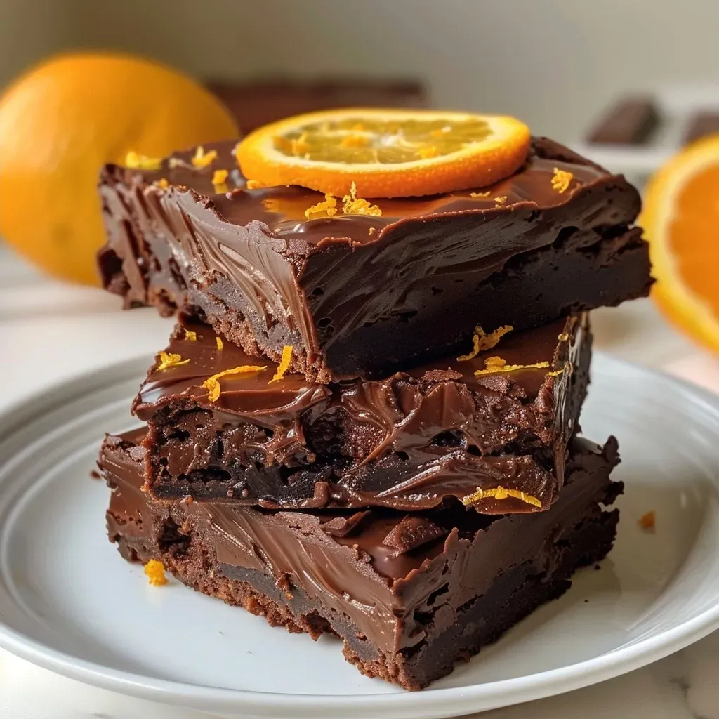 ['Close-up shot of rich Chocolate Orange Brownies with a glossy chocolate top and vibrant orange zest.', 'Side view of moist Chocolate Orange Brownies showcasing a fudgy texture and orange zest on the surface.', 'Detailed view of Chocolate Orange Brownies highlighting chocolate layers and orange accents.', 'Tempting close-up of Chocolate Orange Brownies with a shiny finish and orange zest garnish.']