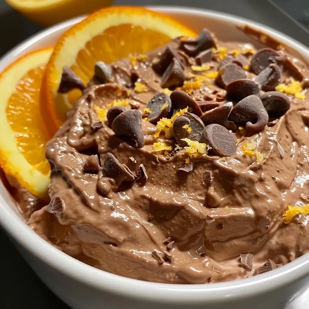 ['Close-up of dark chocolate mousse with orange zest on top.', 'Side view of a rich mousse with chocolate and orange garnishes.', 'Creamy chocolate mousse served in a glass, featuring orange slices.', 'Smooth dark chocolate mousse displayed with orange peel decoration.']